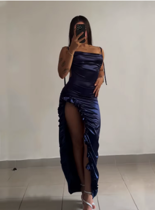 Sexy Sheath Column Spaghetti Straps Navy Blue Backless Satin Formal Prom Dresses