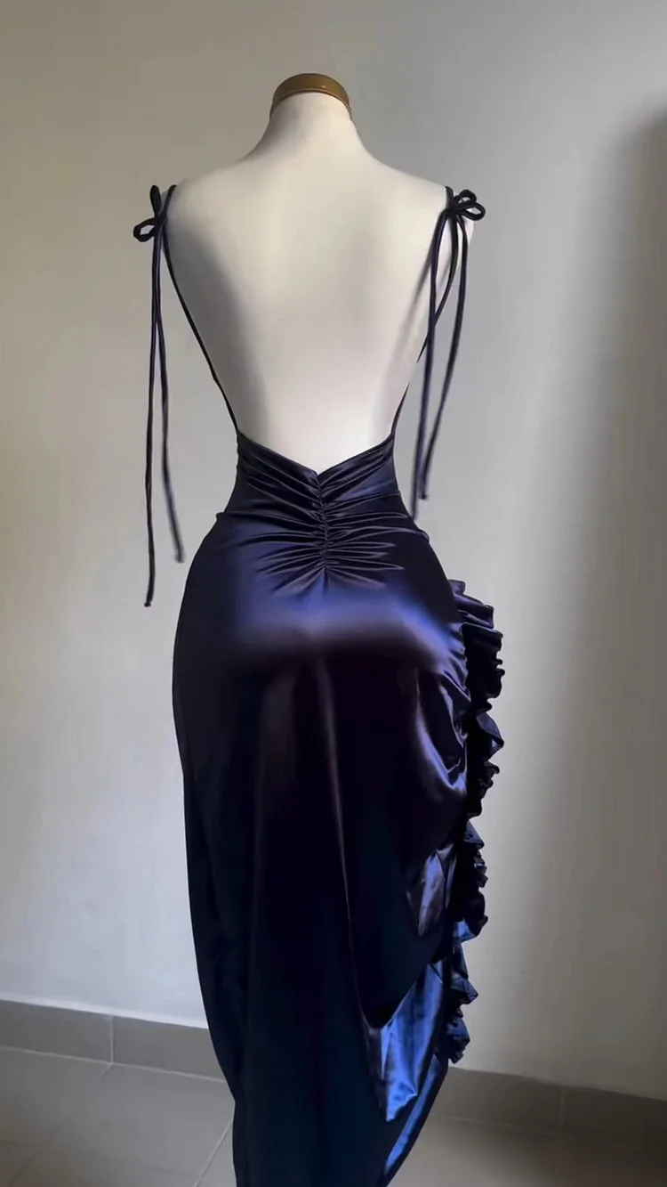 Sexy Sheath Column Spaghetti Straps Navy Blue Backless Satin Formal Prom Dresses