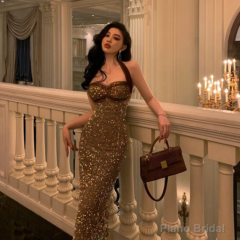 Sexy Sheath Halter Sequin Midi Evening Dress Prom Dresses Birthday Outfits