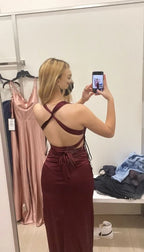Sexy Sheath Halter V Neckline Burgundy Satin Slit Party Dresses Long Formal Prom Dresses