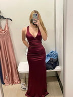 Sexy Sheath Halter V Neckline Burgundy Satin Slit Party Dresses Long Formal Prom Dresses