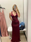 Sexy Sheath Halter V Neckline Burgundy Satin Slit Party Dresses Long Formal Prom Dresses