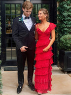 Sexy Sheath Lace Red Formal Prom Dresses Ruffles Party Dresses