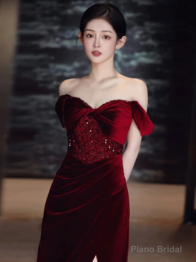 Sexy Sheath Off The Shoulder Burgundy Velvet Floor Length Evening Dress Prom Dresses Secondary image