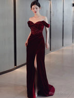 Sexy Sheath Off The Shoulder Burgundy Velvet Floor Length Evening Dress Prom Dresses