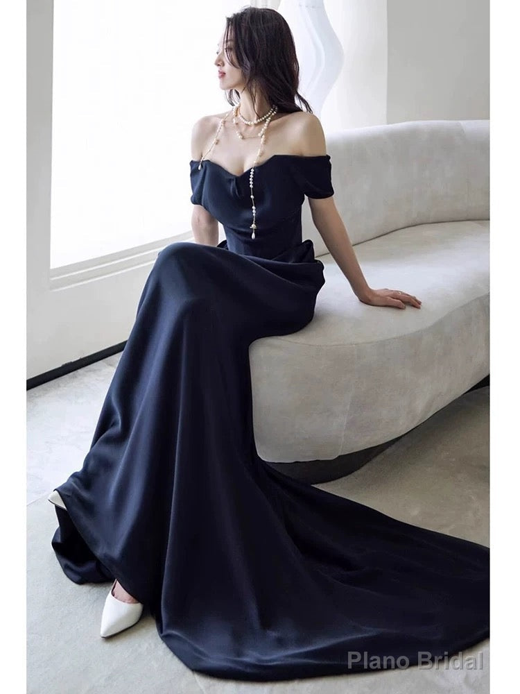 Sexy Sheath Off The Shoulder Navy Blue Satin Floor Length Evening Dress Prom Dresses