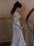 Sexy Sheath Off The Shoulder Sequin Slit Floor Length Evening Dress Prom Dresses