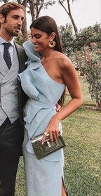 Sexy Sheath One Shoulder Light Sky Blue Long Formal Prom Dresses