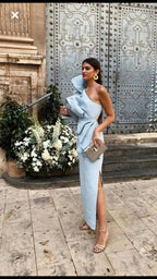 Sexy Sheath One Shoulder Light Sky Blue Long Formal Prom Dresses