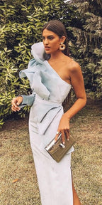 Sexy Sheath One Shoulder Light Sky Blue Long Formal Prom Dresses