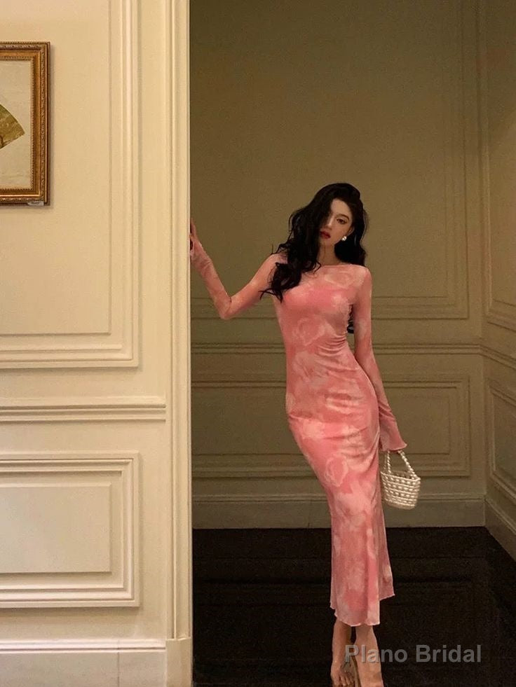 Sexy Sheath Pink Floral Long Sleeves Prom Dresses Birthday Outfits Secondary image