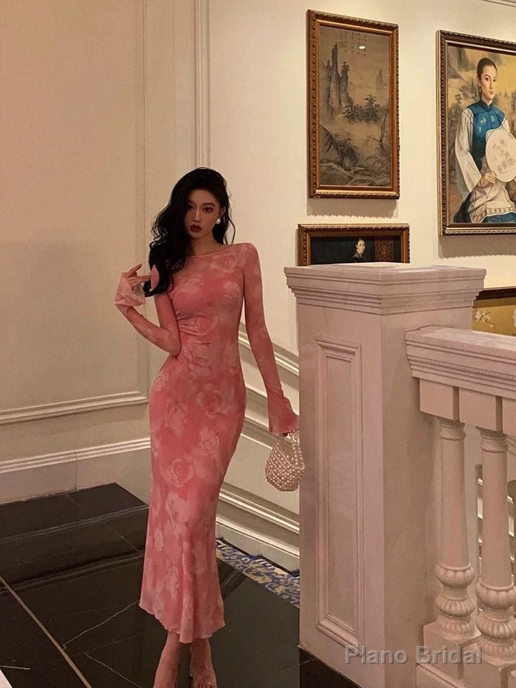 Sexy Sheath Pink Floral Long Sleeves Prom Dresses Birthday Outfits