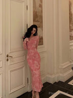 Sexy Sheath Pink Floral Long Sleeves Prom Dresses Birthday Outfits