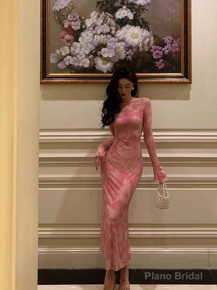 Sexy Sheath Pink Floral Long Sleeves Prom Dresses Birthday Outfits Main image