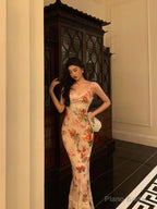 Sexy Sheath Spaghetti Straps Floral Ankle Length Prom Dresses Birthday Dress