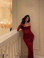 Sexy Sheath Spaghetti Straps Lace Red Velvet Long Formal Prom Dresses Birthday Outfits With Gloves