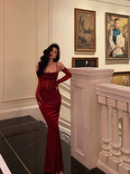 Sexy Sheath Spaghetti Straps Lace Red Velvet Long Formal Prom Dresses Birthday Outfits With Gloves