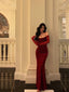 Sexy Sheath Spaghetti Straps Lace Red Velvet Long Formal Prom Dresses Birthday Outfits With Gloves