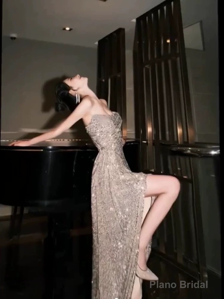 Sexy Sheath Strapless Champagne Sequin Evening Dress Prom Dresses Birthday Outfits Secondary image