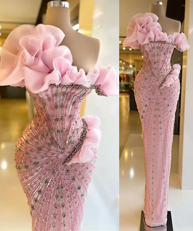 Sexy Sheath Strapless Pink Long Formal Prom Dresses Formal Evening Dresses With Beads
