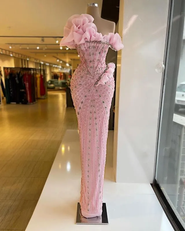Sexy Sheath Strapless Pink Long Formal Prom Dresses Formal Evening Dresses With Beads