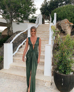 Sexy Sheath V Neckline Green Long Formal Prom Dresses