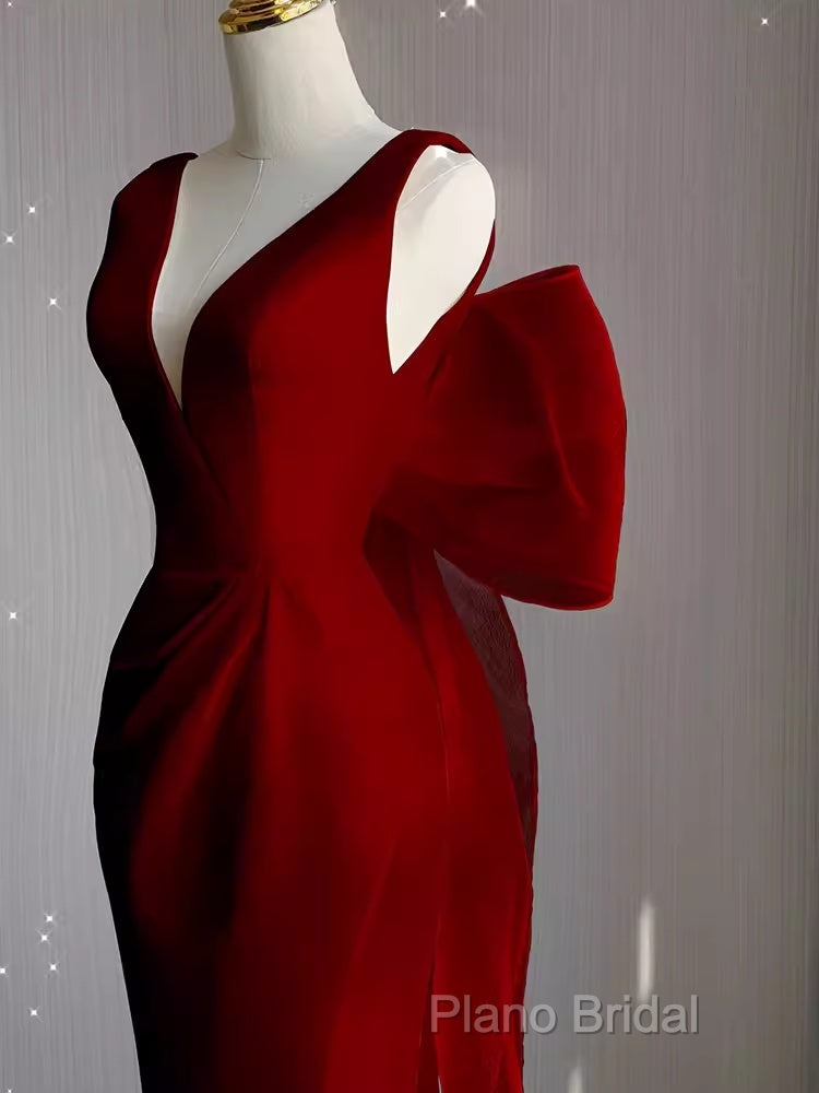 Sexy Sheath V Neckline Long Senior Red Formal Prom Dresses Formal Dresses