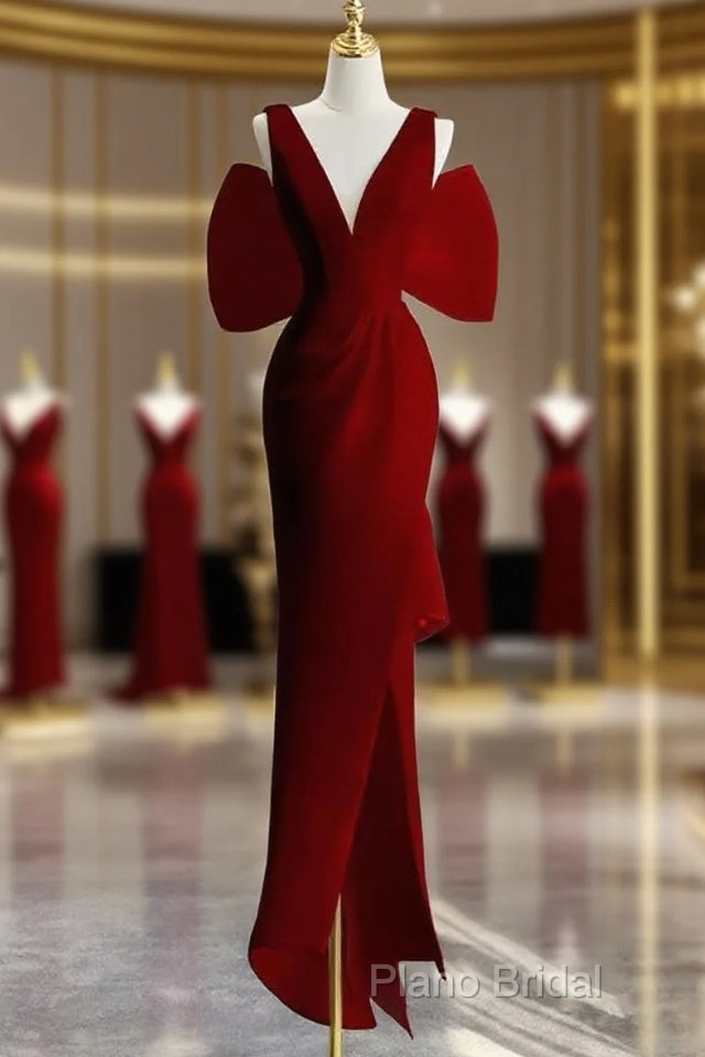 Sexy Sheath V Neckline Long Senior Red Formal Prom Dresses Formal Dresses Main image