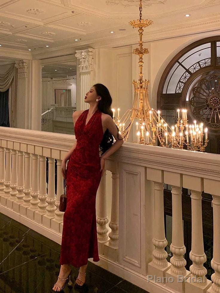 Sexy Sheath V Neckline Red Floral Ankle Length Prom Dresses Birthday Dress