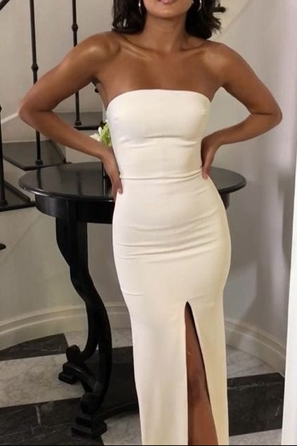 Sexy Side Slit Strapless Formal Evening Party Dresses, Simple Long Formal Prom Dresses