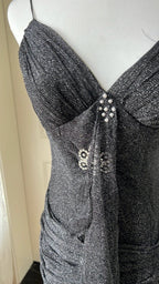 Sexy Silver-Black Mermaid Ruffled Deep V Halter Shimmering Long Formal Prom Dresses
