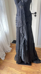 Sexy Silver-Black Mermaid Ruffled Deep V Halter Shimmering Long Formal Prom Dresses