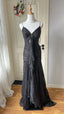 Sexy Silver-Black Mermaid Ruffled Deep V Halter Shimmering Long Formal Prom Dresses