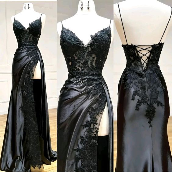 Sexy Mermaid Spaghetti Strap Sleeveless Long Split Formal Prom Dresses With Embroidered