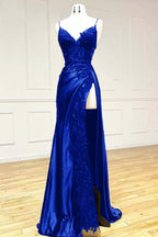 Sexy Mermaid Spaghetti Strap Sleeveless Long Split Formal Prom Dresses With Embroidered