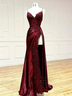 Sexy Mermaid Spaghetti Strap Sleeveless Long Split Formal Prom Dresses With Embroidered