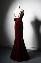 Elegant Burgundy Spaghetti Straps Velvet Mermaid Formal Prom Dresses Formal Evening Dresses