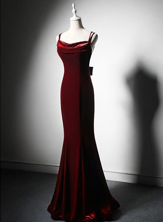 Elegant Burgundy Spaghetti Straps Velvet Mermaid Formal Prom Dresses Formal Evening Dresses