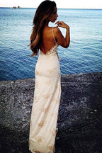 Sexy Spaghetti Straps Floor Length Backless Side Slit Appliques Formal Prom Dresses