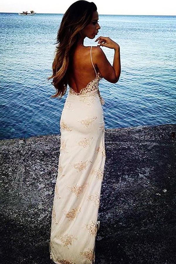 Sexy Spaghetti Straps Floor Length Backless Side Slit Appliques Formal Prom Dresses