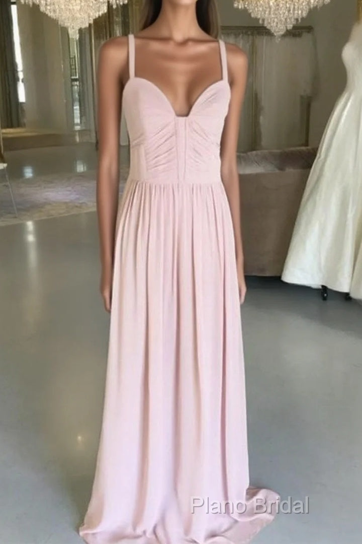 Sexy Spaghetti Straps Long Chiffon Ruched Sweetheart Bridesmaid Dresses