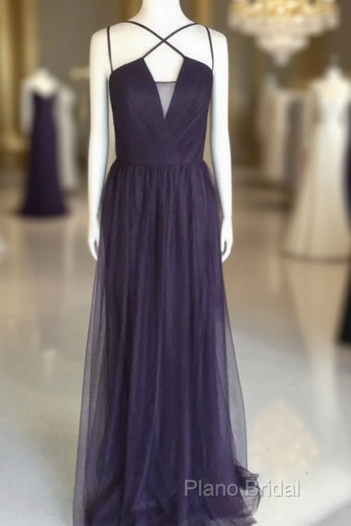 Sexy Spaghetti Straps Long Tulle Cross Back Bridesmaid Dresses Main image