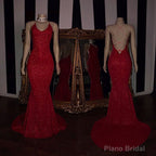 Sexy Spaghetti Straps Red Mermaid Prom Dress Sequins Chiffon Long