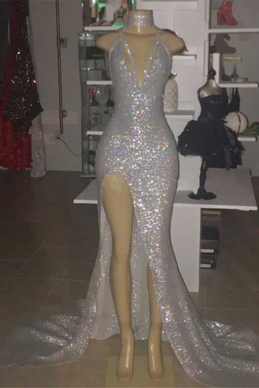 Sexy Spaghetti Straps Silvery Mermaid Prom Dress Sequins Chiffon Long With Split Main image
