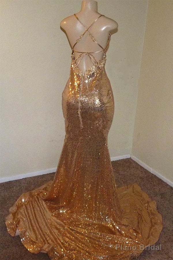Sexy Spaghetti Straps V-Neck Mermaid Prom Dress Sequins Long Chiffon Gold With Split Secondary image