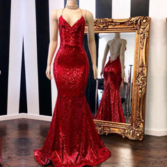 Sexy Spaghetti Straps V-Neck Mermaid Prom Dress Sequins Red Long