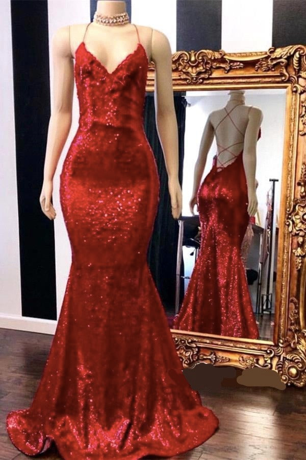 Sexy Spaghetti Straps V-Neck Mermaid Prom Dress Sequins Red Long