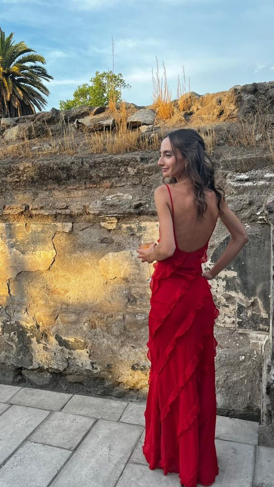 Red Backless Long Formal Prom Dresses With Ruffle