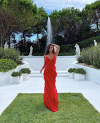 Red Backless Long Formal Prom Dresses With Ruffle