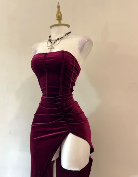 Sexy Strapless Slit Party Dresses Burgundy Birthday Dresses Secondary image
